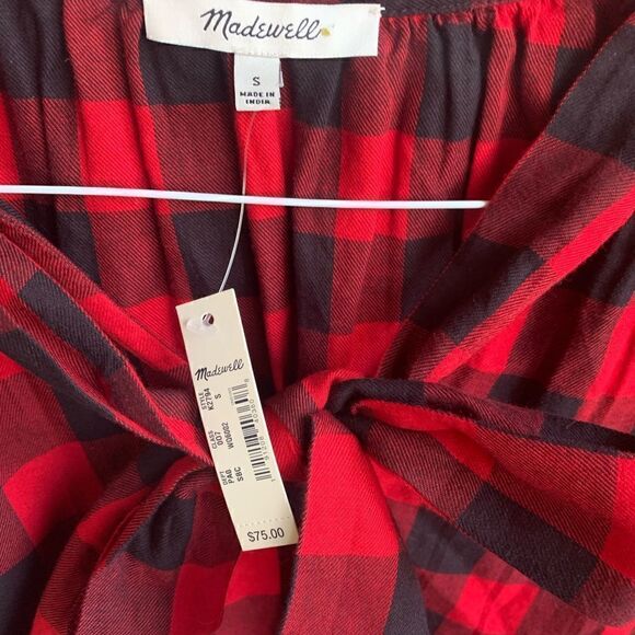 NWT Madewell Red and Black Buffalo Check Tie Front Top size S - Picture 2 of 4